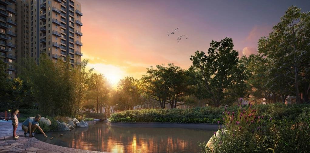 Vinayak 21 Acres water feature at sunset